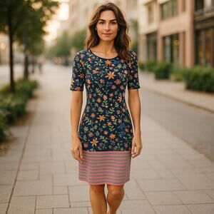 LuLaRoe Julia Dress Blue Orange Green Floral Stripes NEW NWT Size Small
